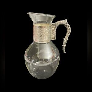 VTG 1960s Corning Brand Glass Pitcher with Pewter Silver Plated Neck & Hand